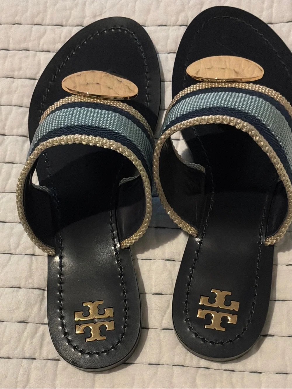 Tory Burch Navy and Light Blue Striped Miller Thong Sandals with Gold Disc